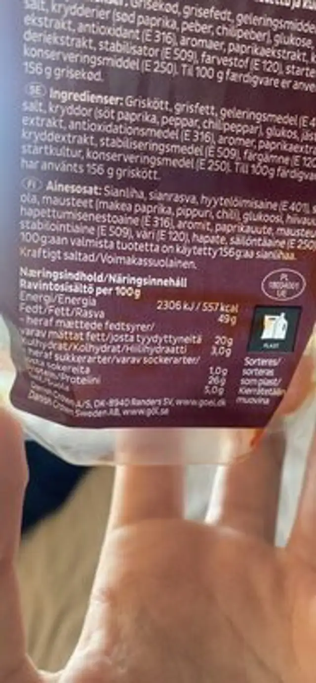 Spicy Salami Sticks nutrition facts table
