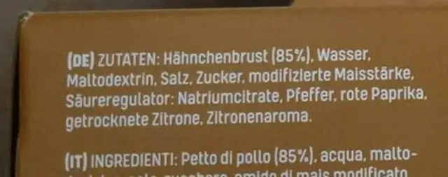 Pulled Chicken ingredients label