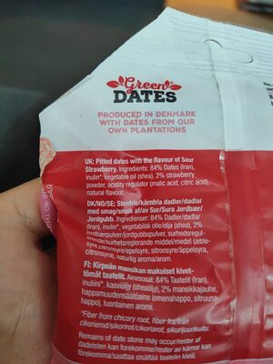 Sour strawberry dates ingredients label