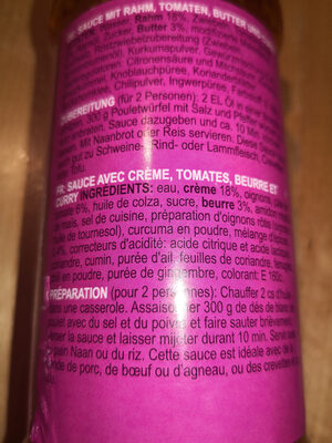 Curry Sauce for Butter Chicken ingredients label