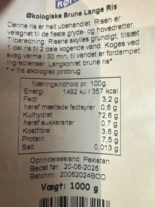 Brune Lange Ris nutrition facts table