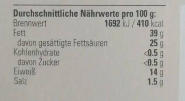 Extra cremiger White nutrition facts table