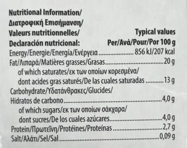 Cooking cream nutrition facts table