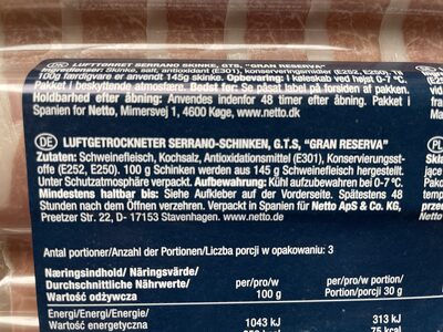 Jamón Serrano “Gran Reserva” ingredients label