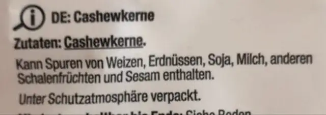 Cashew Nuts ingredients label
