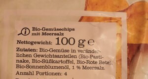 Gemüsechips mit Meersalz ingredients label