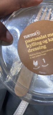 pastasalat med kylling, rød peberfrugt og karrydressing