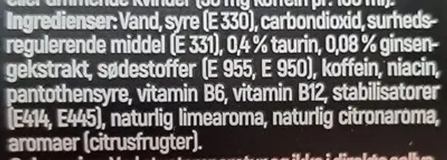 Amper Lemon & Lime Energy Drink ingredients label