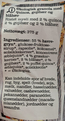 Økologisk Granola ingredients label