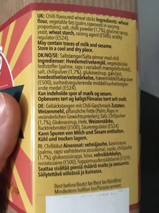Chilli stix ingredients label