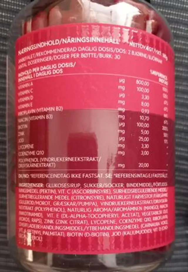 Anti Age Vitamins ingredients label