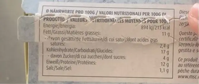 Cordon Bleu nutrition facts table