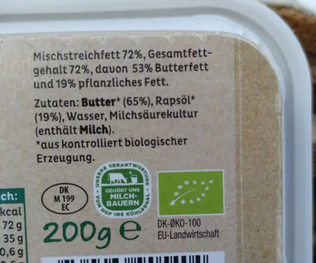 Arla Streichzart Bio ingredients label