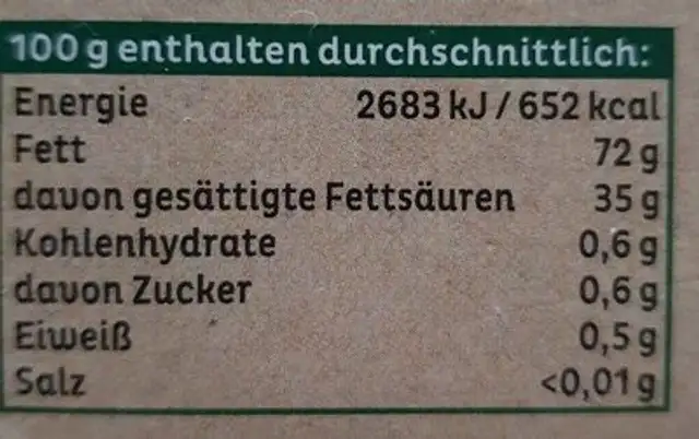 Arla Streichzart Bio nutrition facts table