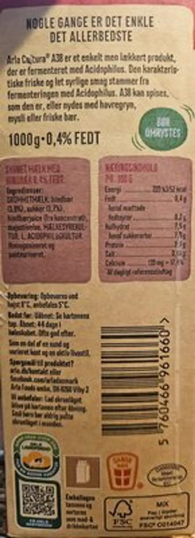 A38 Mild hindbær 0,4% ingredients label