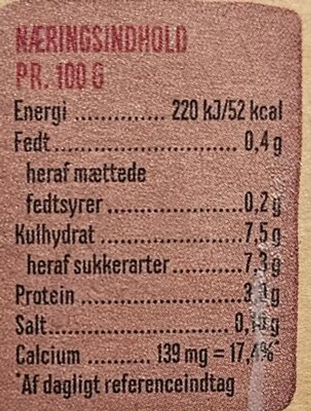 A38 Mild hindbær 0,4% nutrition facts table