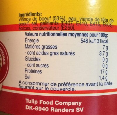 Bte 270G Boeuf En Gelee Tulip nutrition facts table