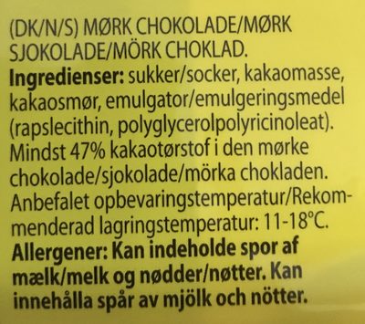 Pålægschokolade ingredients label