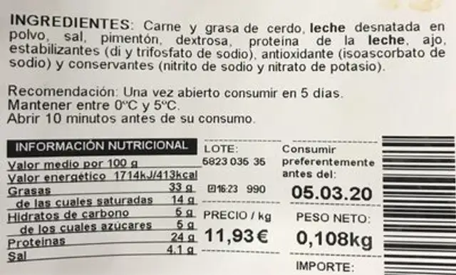 Chorizo serrano extra nutrition facts table