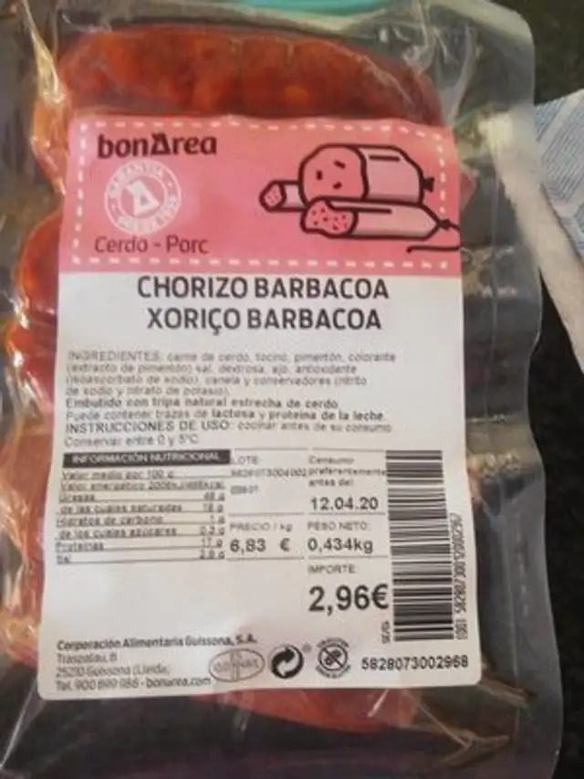 Chorizo barbacoa nutrition facts table