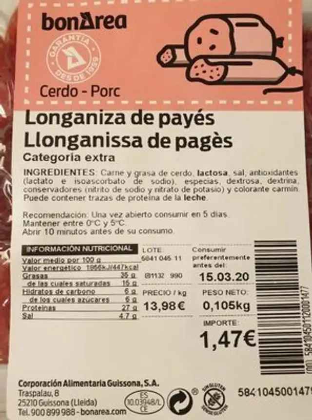 Longaniza de payés nutrition facts table