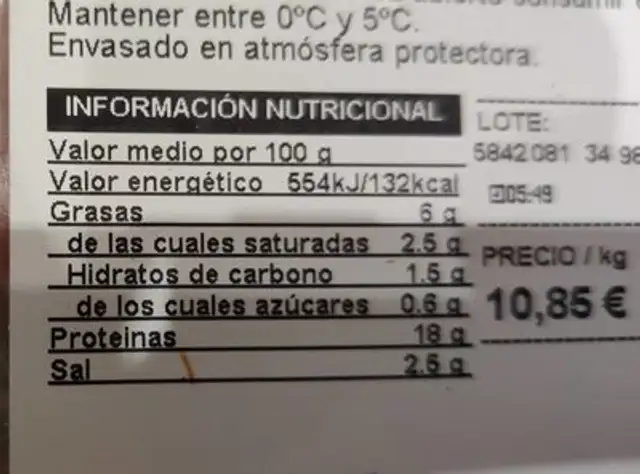 Jamón cocido al horno nutrition facts table