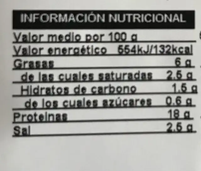 Jamón cocido al horno nutrition facts table