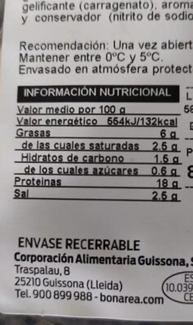 Jamón cocido al horno nutrition facts table