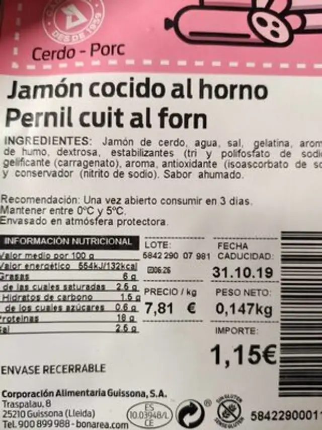 Jamón cocido nutrition facts table