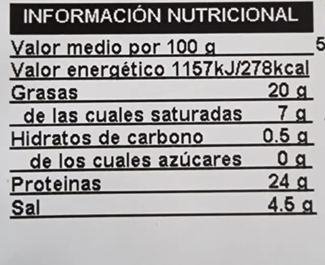 Finisimo Jamon de Cebo Iberico nutrition facts table