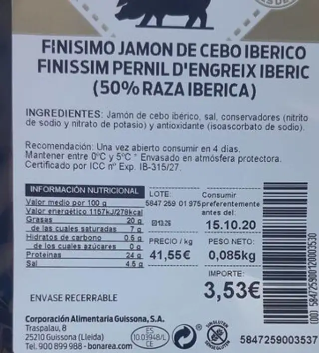 Finisimo jamon de cebo iberico nutrition facts table