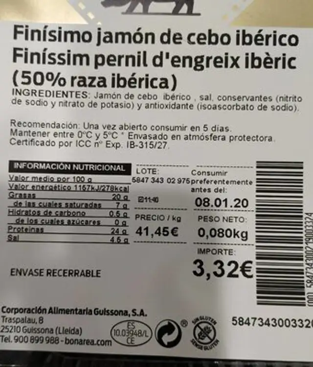 Finisimo jamón de cebo ibérico nutrition facts table