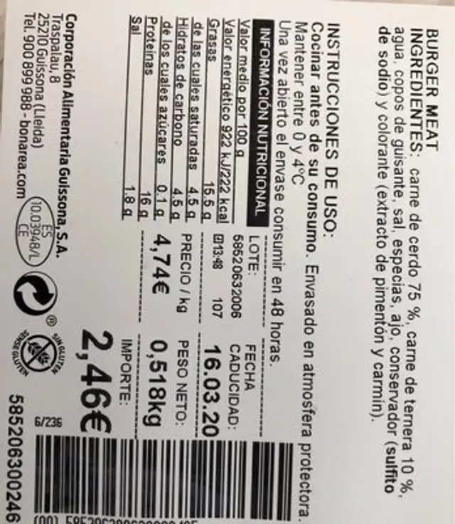 Albóndigas nutrition facts table