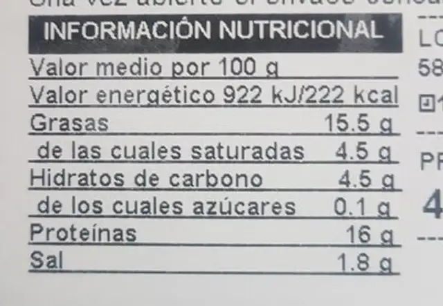Albondigas nutrition facts table