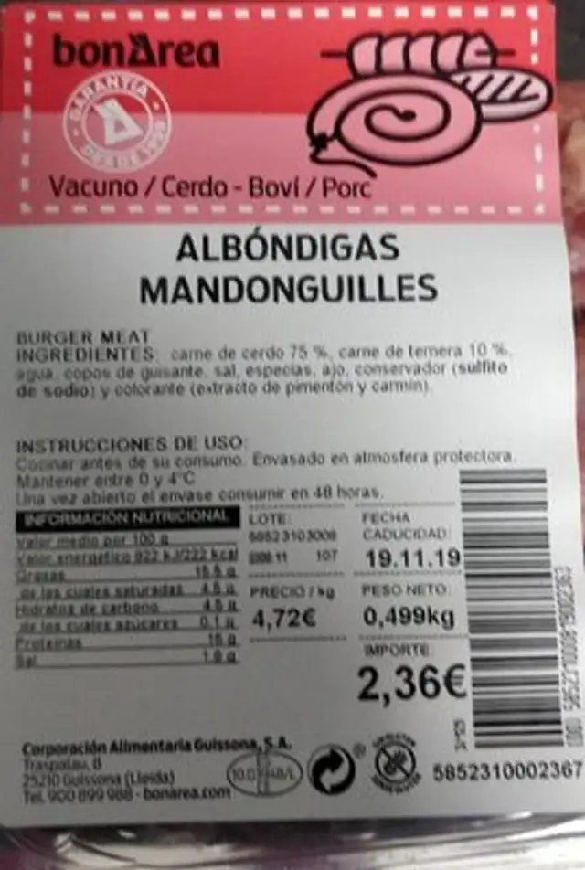 Albóndigas nutrition facts table