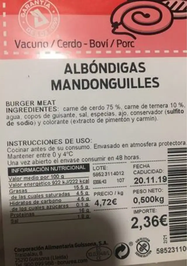 Albondigas nutrition facts table
