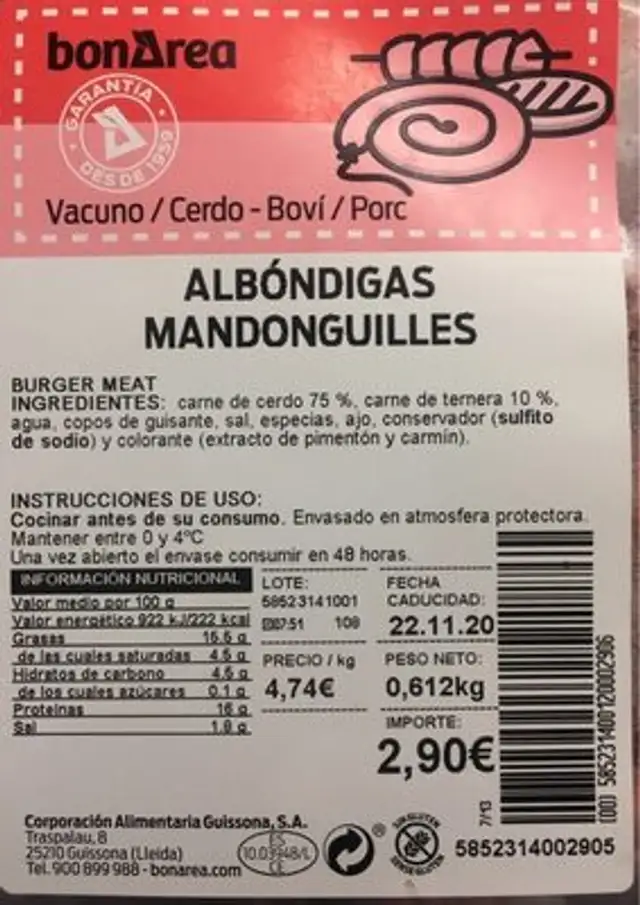 Albondigas nutrition facts table