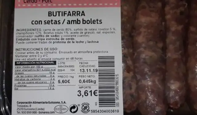 Butifarra con setas nutrition facts table