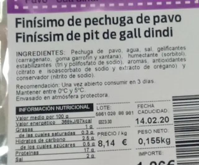 Finísimo de pechuga de pavo nutrition facts table