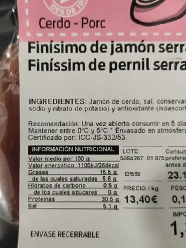 Finísimo de jamón serrano nutrition facts table