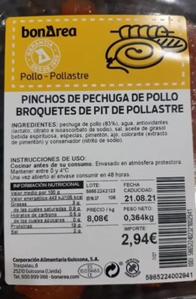 Pinchos de pechuga de pollo nutrition facts table