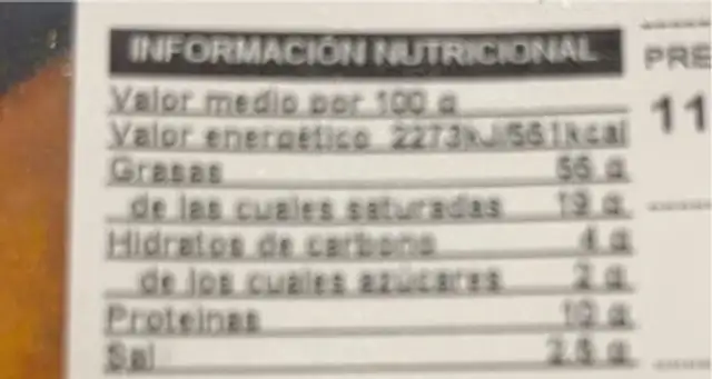 Sobrasada iberica nutrition facts table