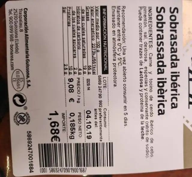 Sobrasada ibérica nutrition facts table