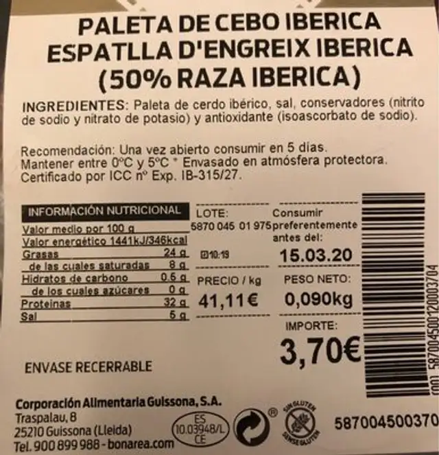 Paleta de cebo iberica nutrition facts table