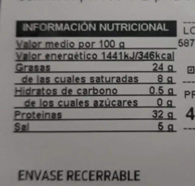 Paleta de cebo iberica nutrition facts table