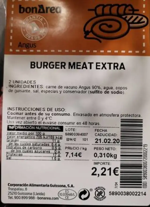 Burger meat extra nutrition facts table
