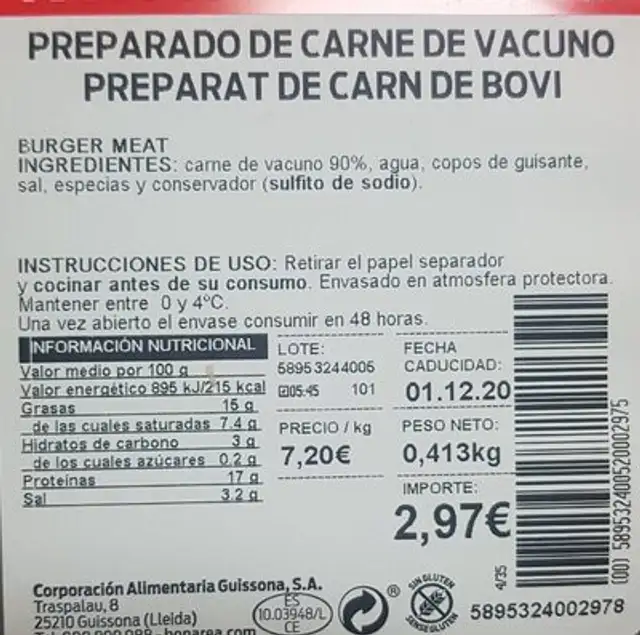 Preparado de carne de vacuno nutrition facts table