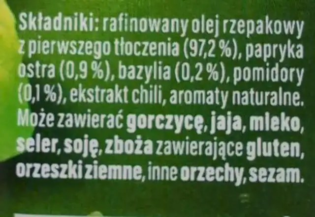 Olej papryka ostra bazylia pomidor ingredients label