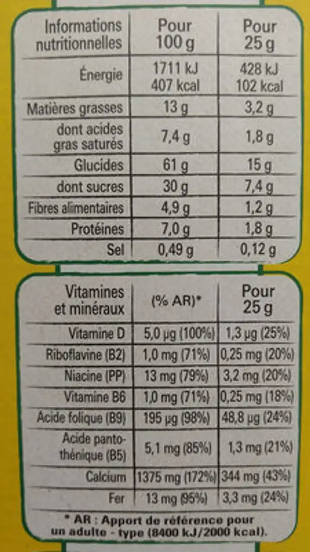 NESQUIK Barres de Céréales 12x25g nutrition facts table