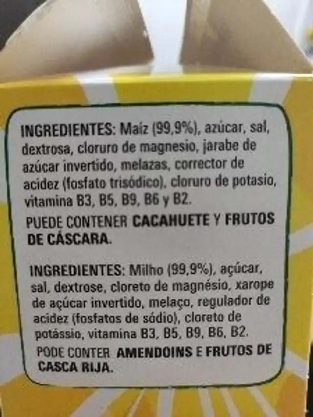 Harvest home Corn Flakes sin gluten ingredients label